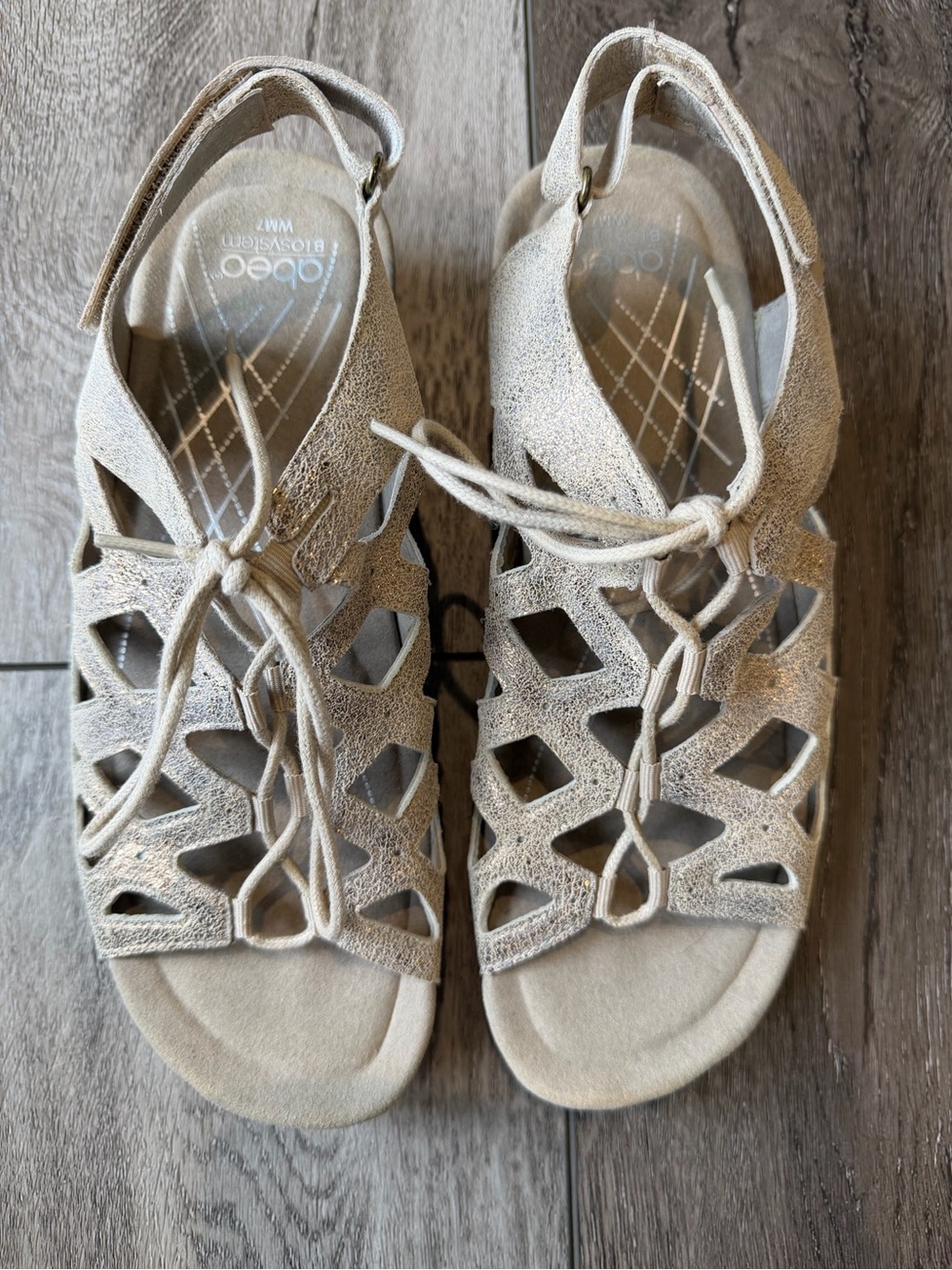 Abeo Biosystem Nicky Gold Metallic Lace-Up Cutout Slingback Sandals Beige - Picture 5 of 10